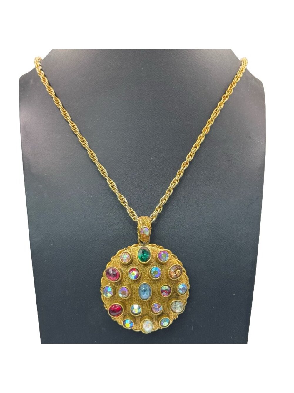 Vintage ART Arthur Pepper Multicolor Rhinestone Pendant Necklace Gold-Tone 24"
